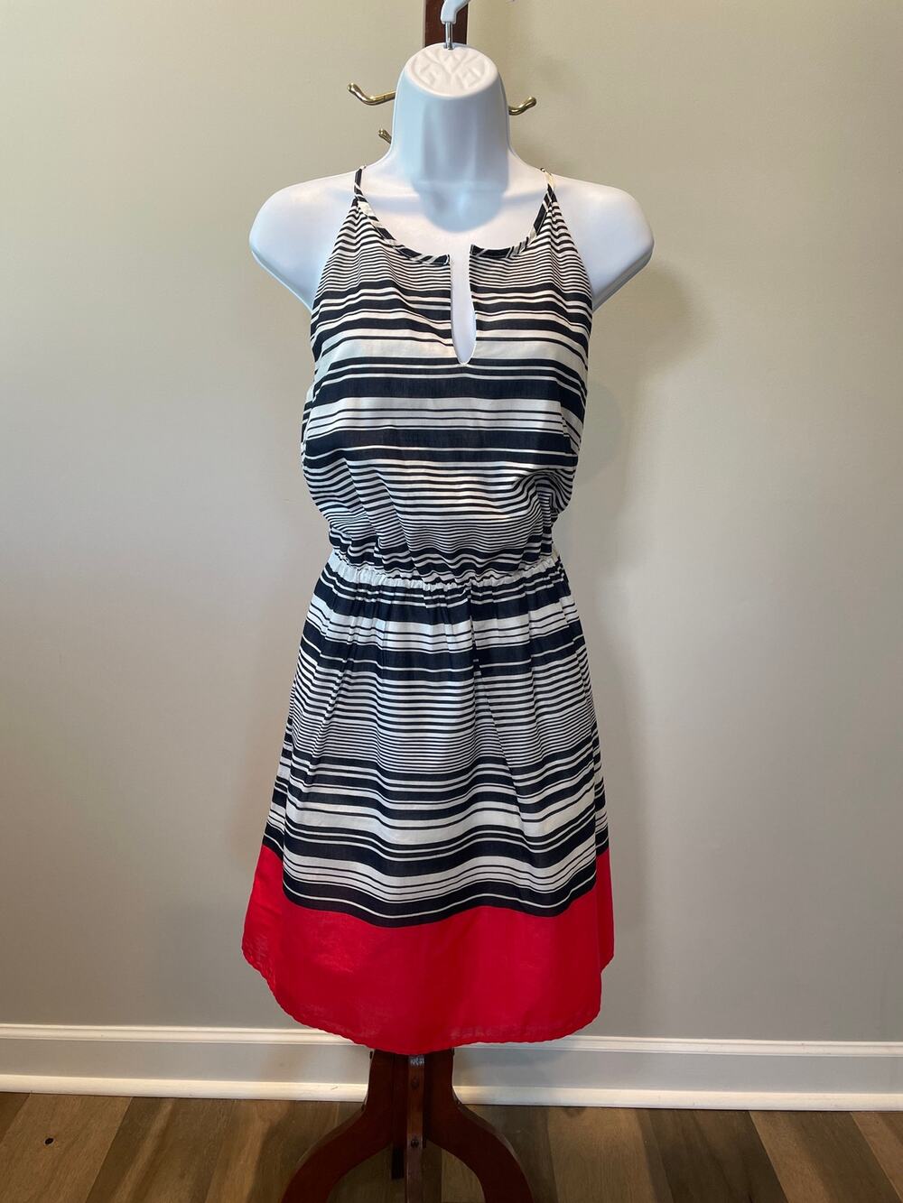 Banana Republic Navy White Striped Halter Dress Size 6 Red Hem Fitted Classic